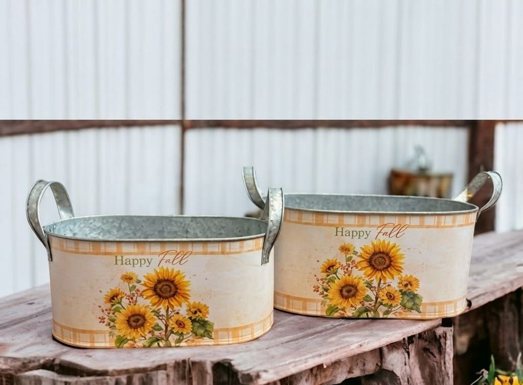 Set of 2 "Happy Fall" Sunflower Galvanized Metal Nesting Planters Autumn Buckets