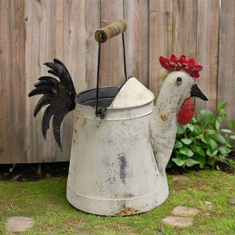 Farmhouse Rooster Decorative Distressed White Galvanized Metal Watering Can