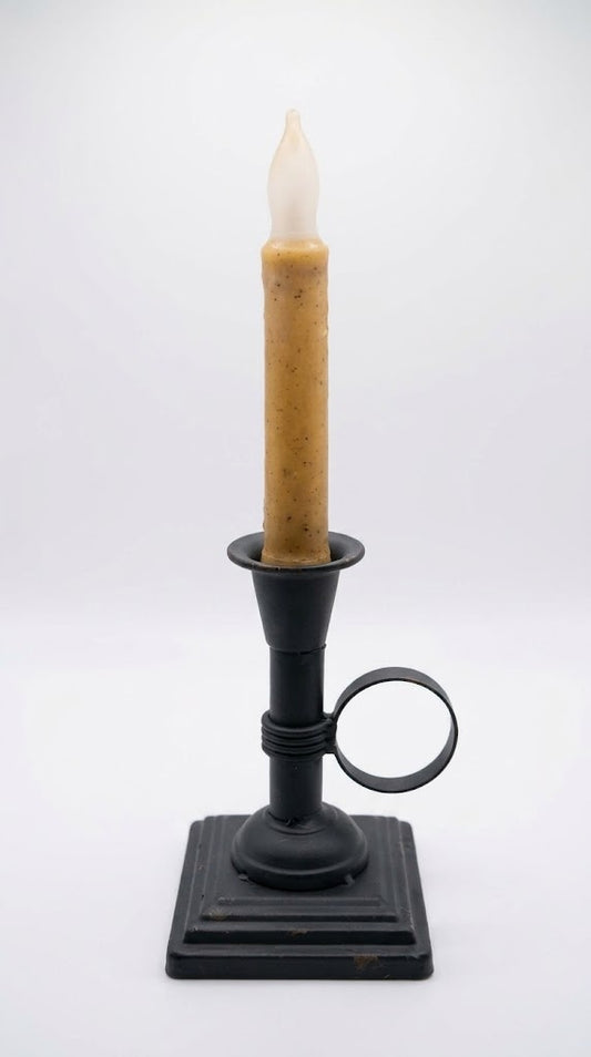 Primitive 6" Black Metal Chamberstick Candle Holder with Timer Taper Candle