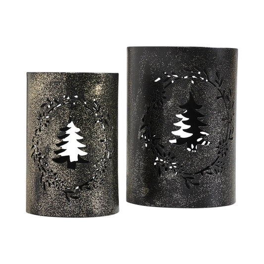 Shimmering Black Metal Christmas Tree Lanterns Woodland Wreath Candle Holder Set