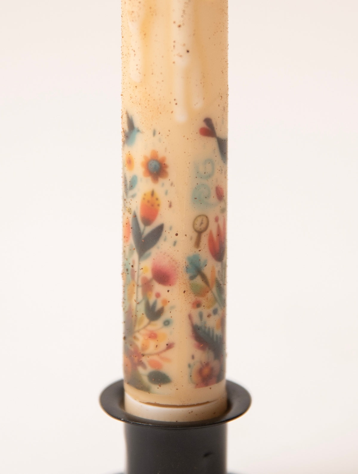 Primitive Folk Art Birds & Flowers 7" Timer Taper Candle and Black Metal Holder