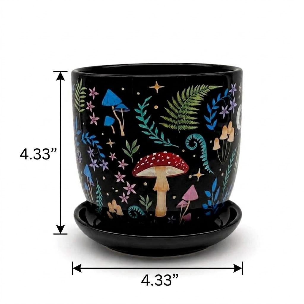 Enchanted Dark Forest 4" Ceramic Planter, Luna Moth & Mushroom Pot with Saucer