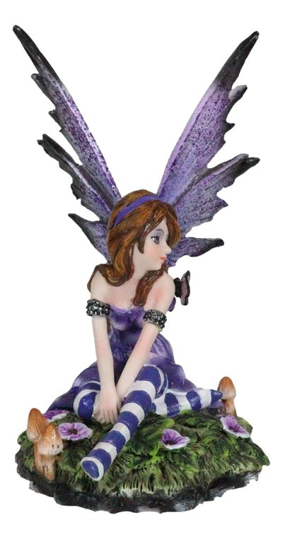 Miniature Flower Fairy Figurine with Lavender Wings, Striped Socks, Faery Decor
