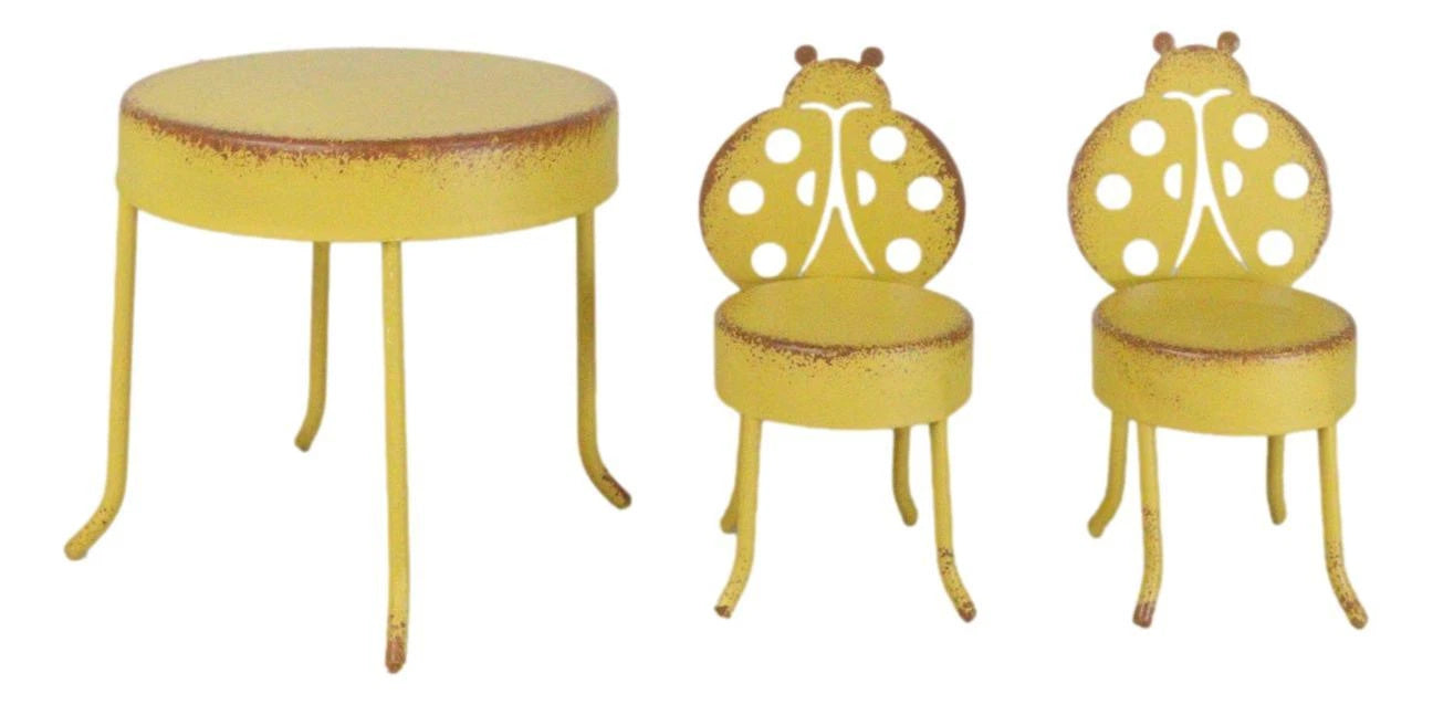 Whimsical Fairy Garden Miniature Yellow Ladybug Metal Chairs and Table Set