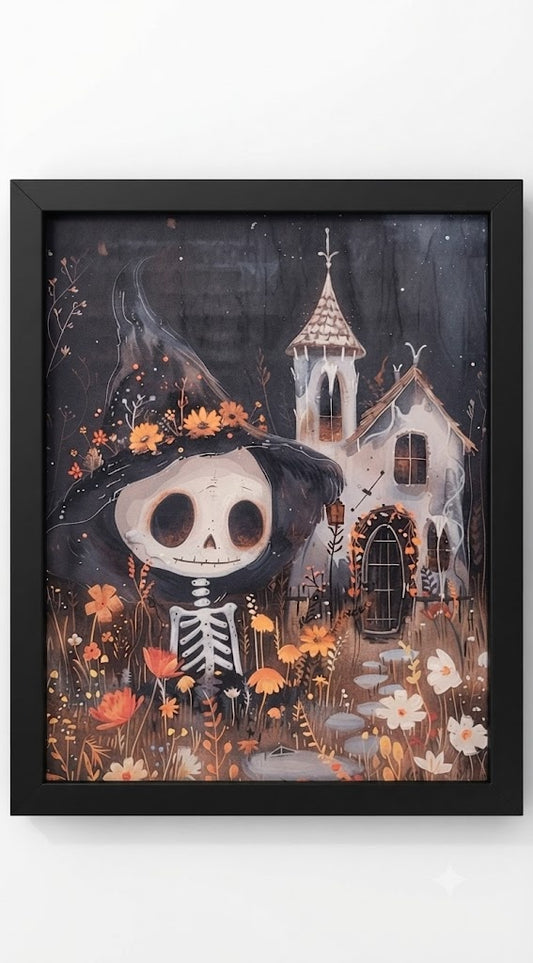 The Skeleton’s Secret Garden Halloween Wood Framed Wall Art, 11.75" X 9.5"