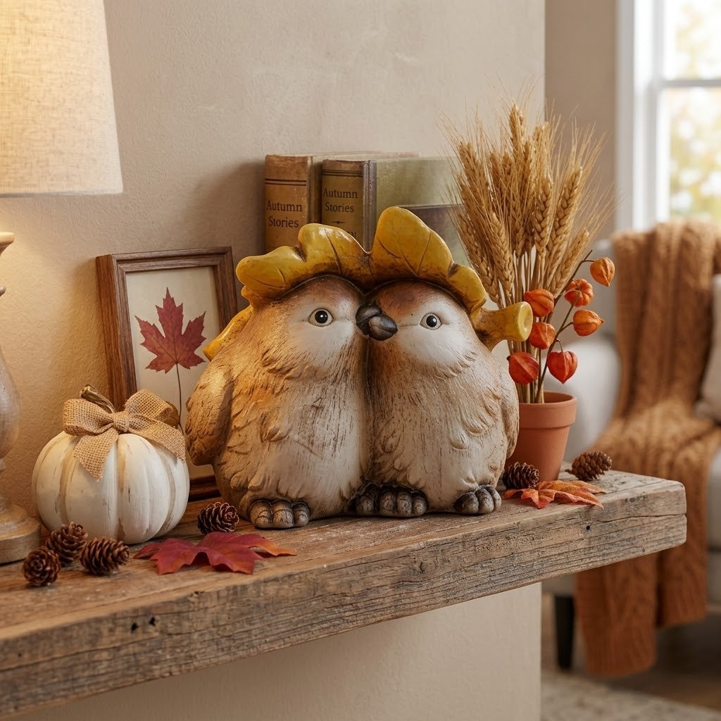 Autumn Lovebirds Ceramic Figurine – 6" Earthenware Songbirds Under an Oak Leaf