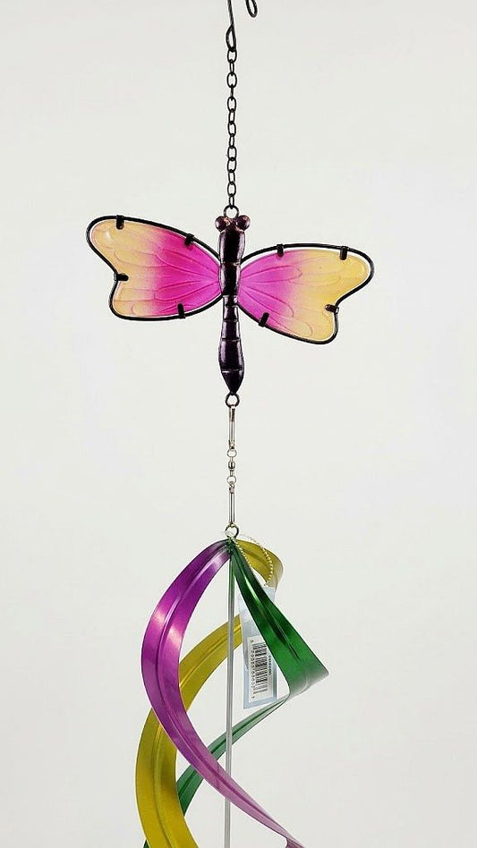 Pink and Yellow Dragonfly Colorful Wind Spinner Mobile with Pendant, 34"
