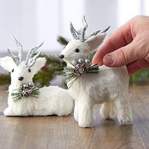 White Sisal Christmas Small Deer Set with Glitter Antlers, Holiday Shelf Decor