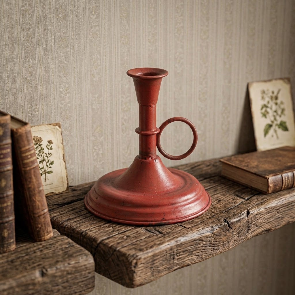 Primitive Red Chamberstick 6" Candle Holder, Distressed Colonial Decor