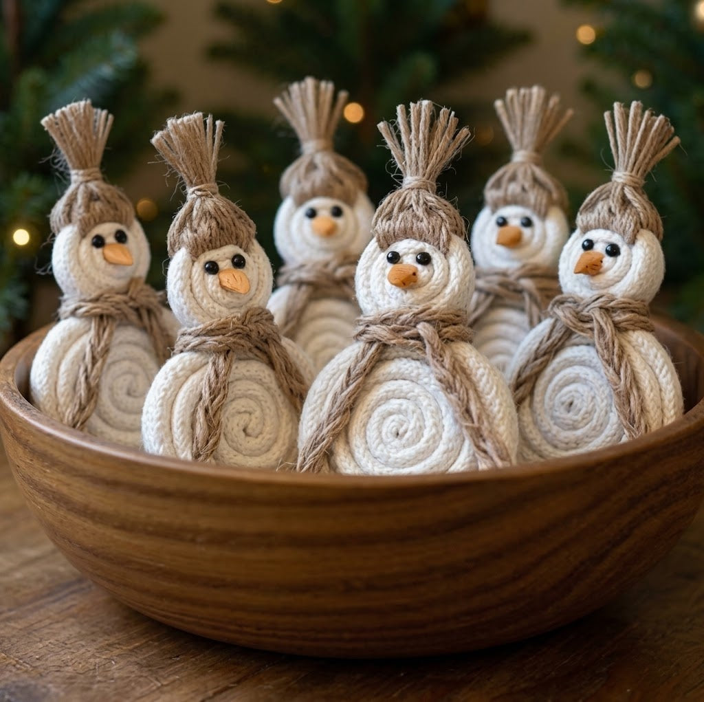 Primitive Fabric Snowmen Bowl Fillers, Set of 6, Rustic Winter and Holiday Decor
