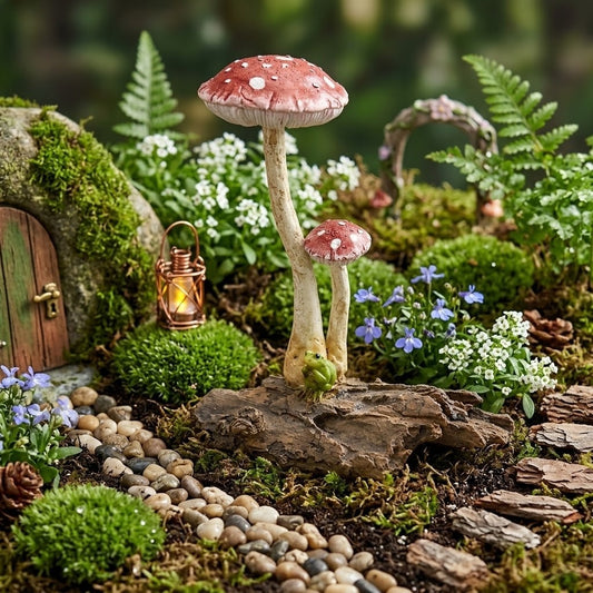 Whimsical Light Red Polka Dot Mushrooms & Frog Fairy Garden Miniature Figurine