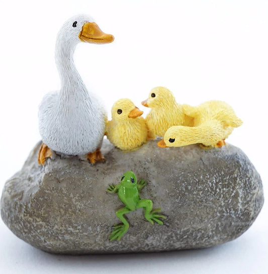 Miniature Duck Family on Rock with Frog, 2.5" Fairy Garden Pond Figurine – detail view