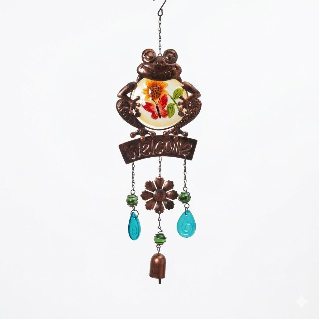 Vintage Bronze Metal, Acrylic Frog, Butterfly and Sunflower 22" Wind Chime