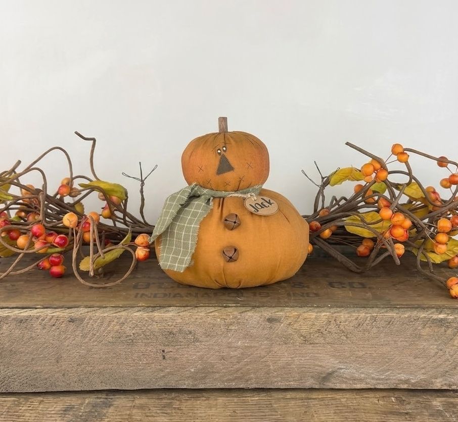 Primitive Fabric Jack O Lantern Pumpkin Figurine Rustic Fall Autumn Folk Art