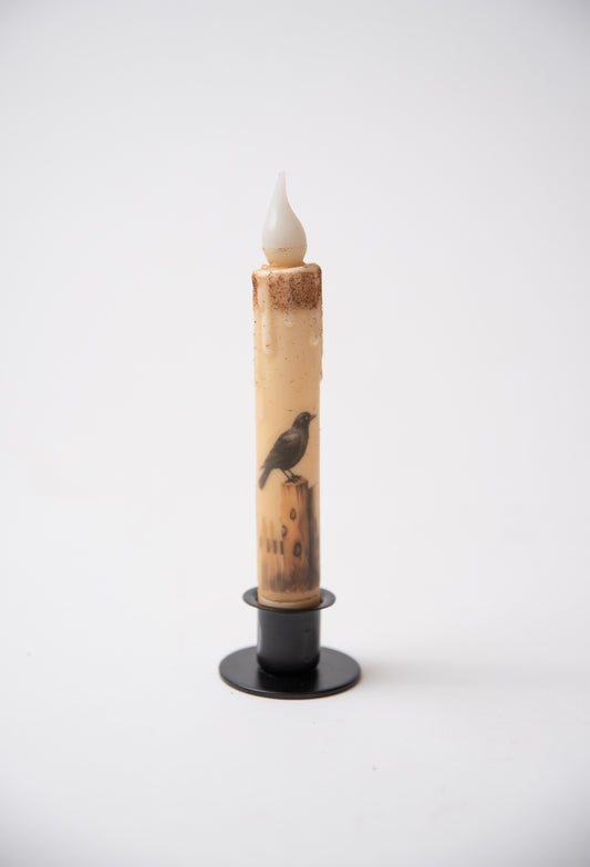 Crows on Fence Post Panorama 7" Led Timer Taper Candle and Black Holder Set