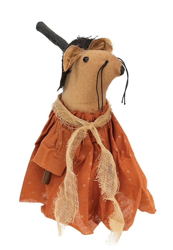 Primitive Halloween Folk Art Witch Mouse Doll with Fabric Orange Dress and Broom