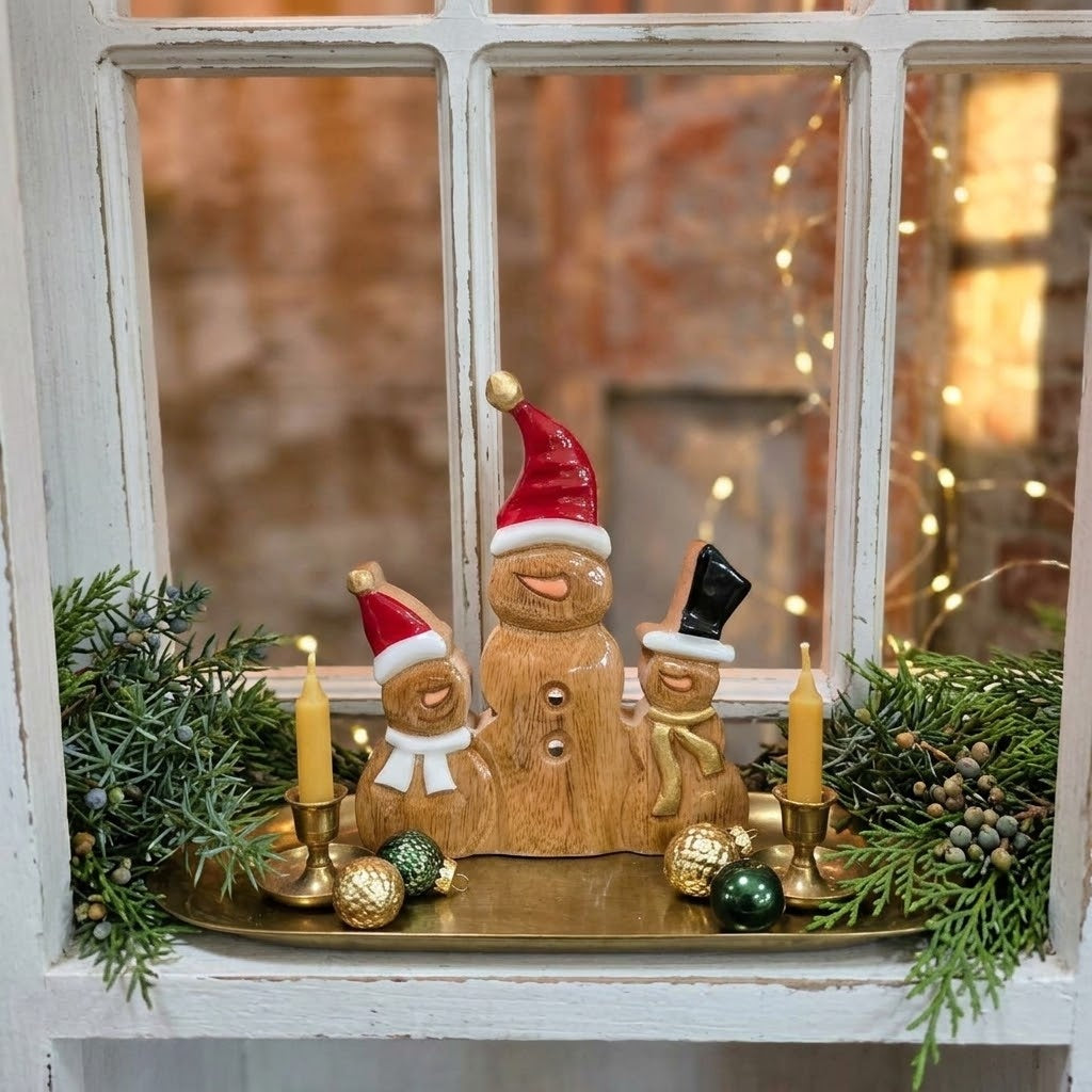 Rustic Snowman Family Figurine, 6x5 Gingerbread Style Christmas Shelf Decor