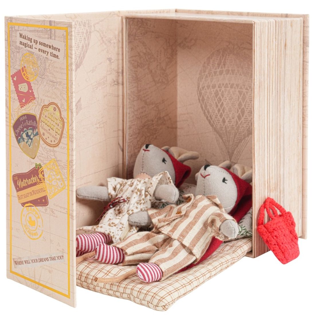 Levlovs Girl and Boy Christmas Mouse with Bedding and Pillows in Keepsake Box