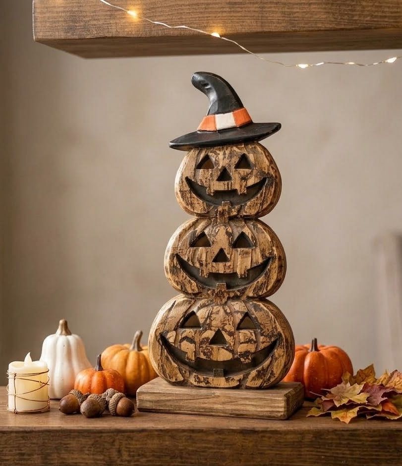 10.5" Rustic Stacked Pumpkin Jack-O'-Lantern Witch Hat Halloween Fall Decor