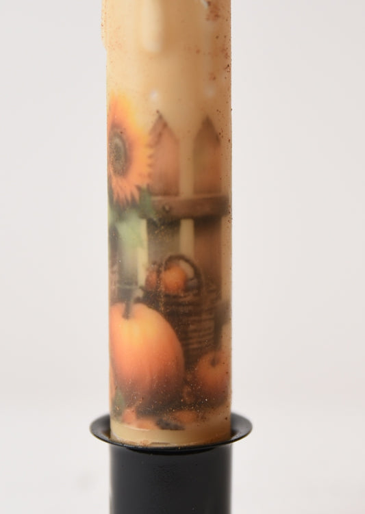 Sunflowers and Pumpkin Panorama 7" Led Timer Taper Candle and Black Holder Set