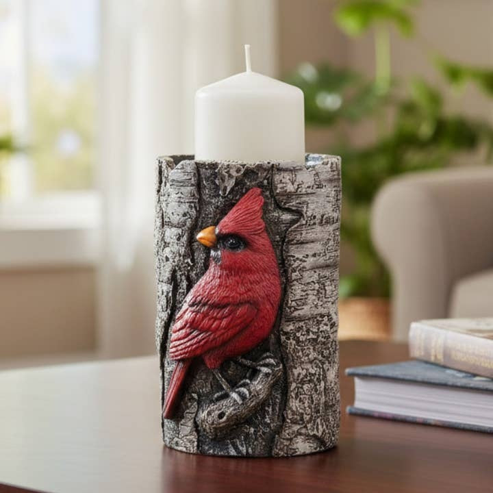 De Leon Collections Resin Birch Log Cardinal Candle Holder, 6" Stand