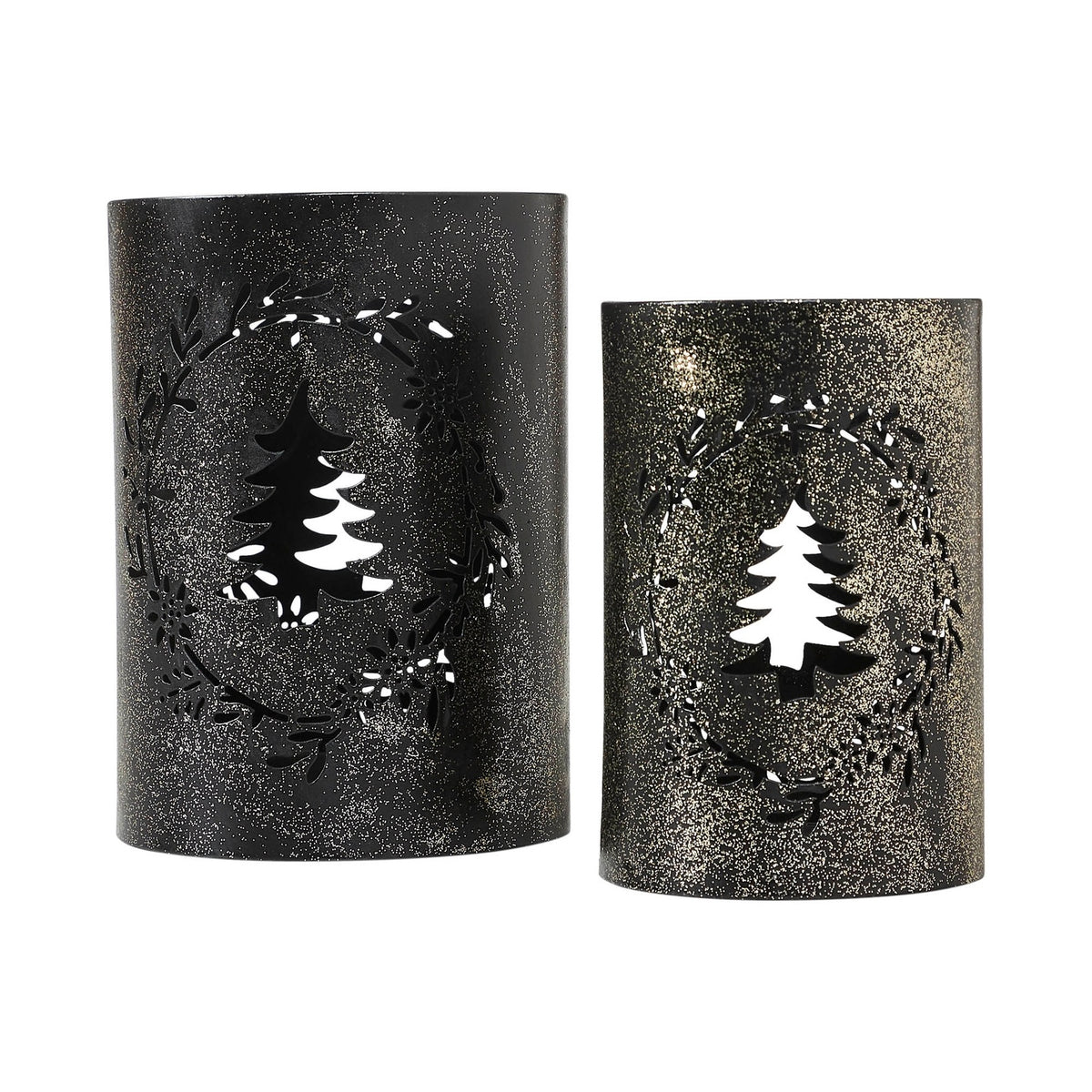 Shimmering Black Metal Christmas Tree Lanterns Woodland Wreath Candle Holder Set
