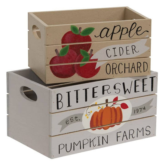 Miniature Fall Harvest Wooden Crate 2-Piece Set, Pumpkin & Apple Orchard Bins