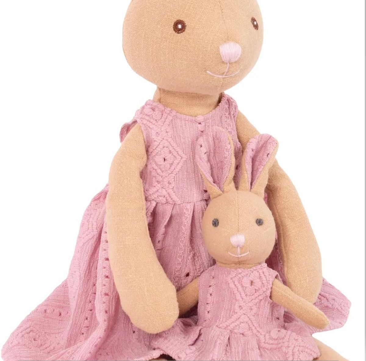 Levlovs Mom and Baby Plush Bunny Rabbit Dolls in Rose Pink Eyelet Dresses