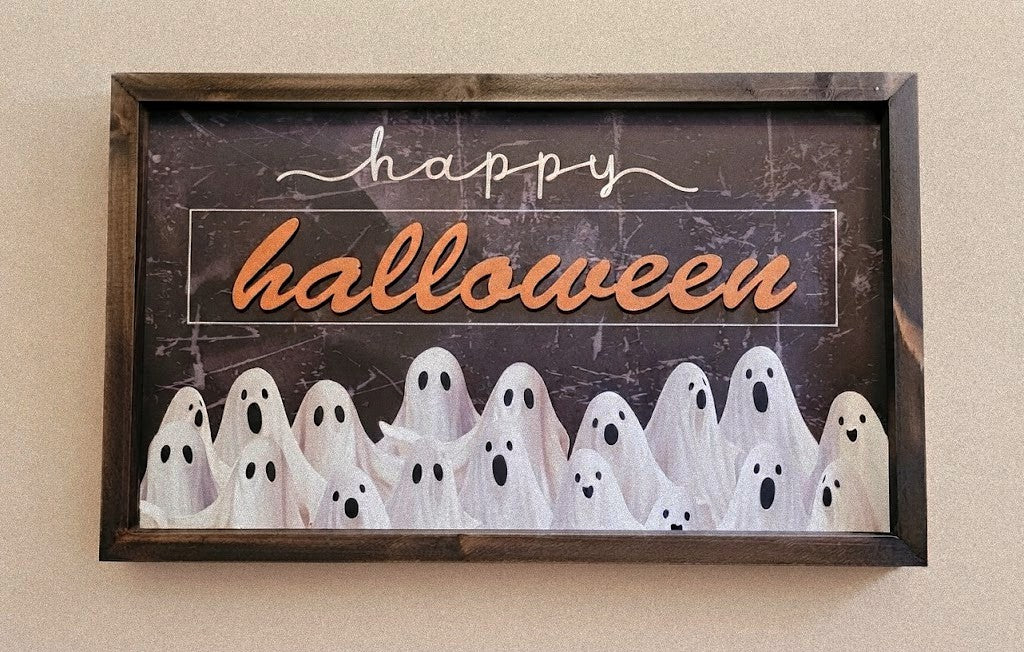 Rustic "Happy Halloween" Ghost Gathering Wood Framed Wall Picture, 9.5"X 15.75"