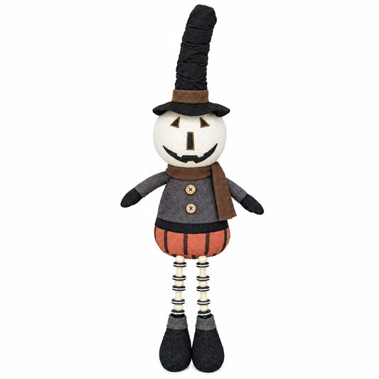 Primitive Halloween Pumpkin Shelf Sitter with Charcoal Gray Top and Dangly Legs – detail view