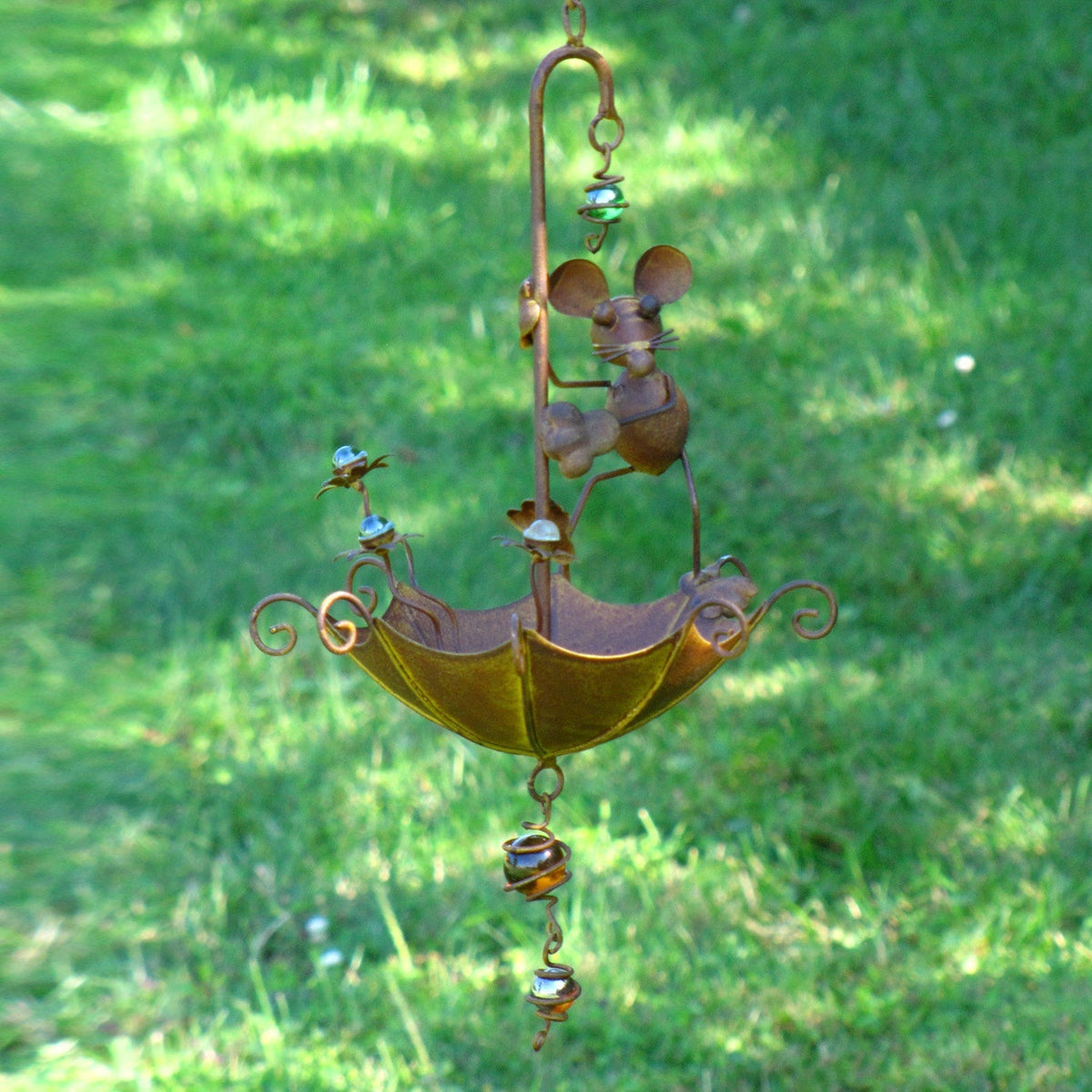 Hanging Animal Bird Feeder & Garden Mobile, Rustic Metal Yard Art in Rust