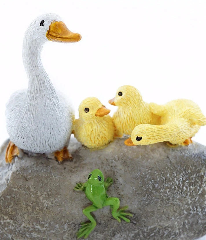Miniature Duck Family on Rock with Frog, 2.5" Fairy Garden Pond Figurine