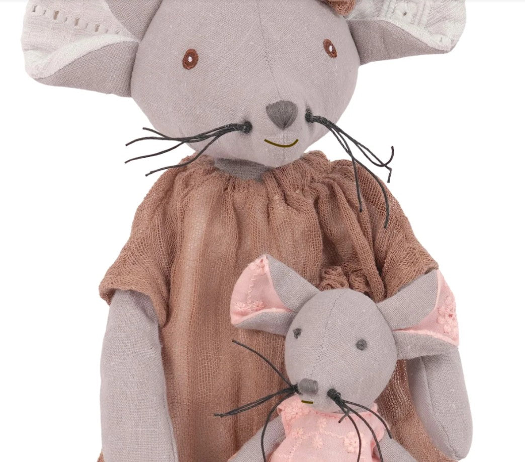 Levlovs Mom and Baby Mouse Plush Dolls in Linen and Eyelet Dresses