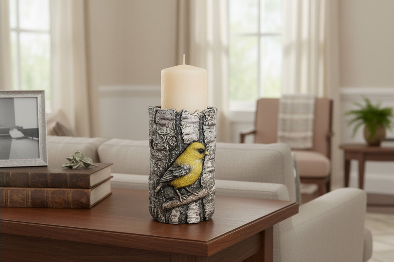 De Leon Collections Resin Birch Log Goldfinch Candle Holder, 6" Stand