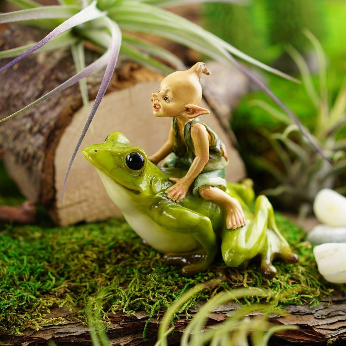 Woodland Pixie Elf Riding Green Frog, Miniature 3" Fairy Garden Figurine
