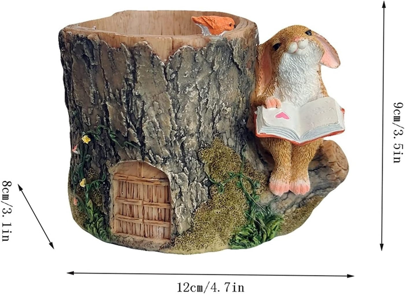 Whimsical Bunny Reading by Tree Stump Fairy Garden Miniature Planter