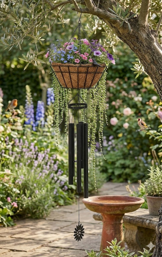 Flower Motif Metal Wind Chime with 6" Coco Mat Square Planter, 35.8"