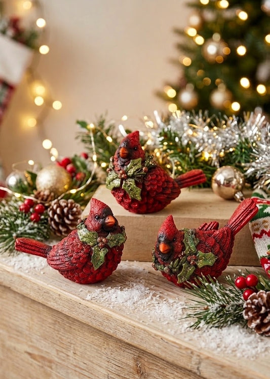 Red Cardinal Figurines Set of 3 Christmas Bird Decor with Glitter Holly Accents