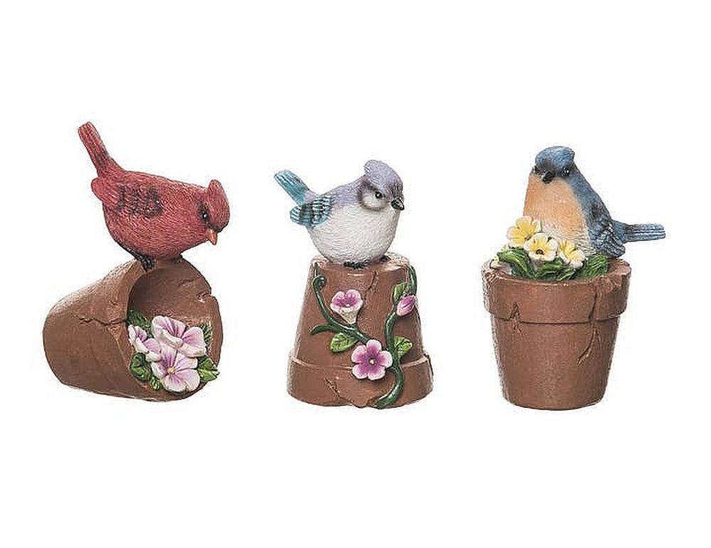 Set of 3 Miniature 4" Resin Birds on Flower Pots Cardinal, Bluebird and Blue Jay