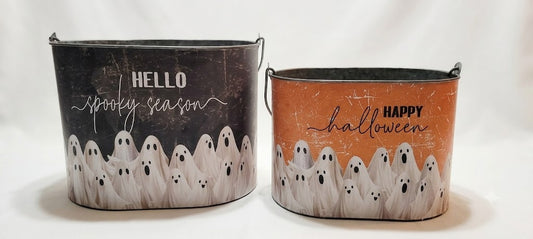 Halloween Ghost Metal Tins "Hello Spooky Season" & "Happy Halloween" Bucket Set