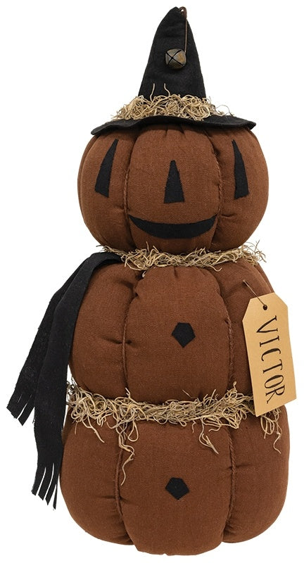 Primitive Stuffed Pumpkin Figure "Victor", Large Fabric Halloween Shelf Sitter