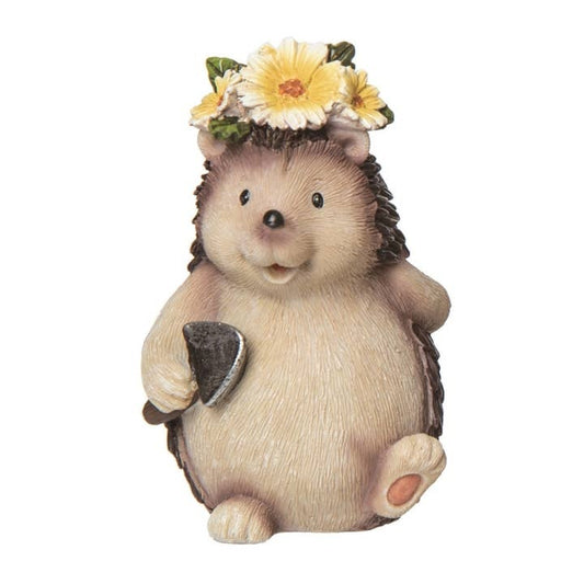 5" Miniature Hedgehog Garden Animal Figurine with Flower Crown and Trowel