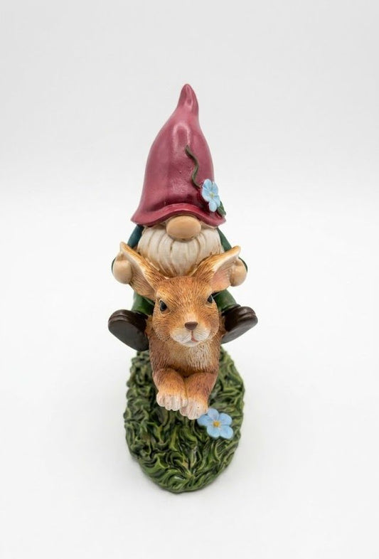 Gnome Riding Brown Bunny 6" Figurine with Floral Accent, Resin Statuette