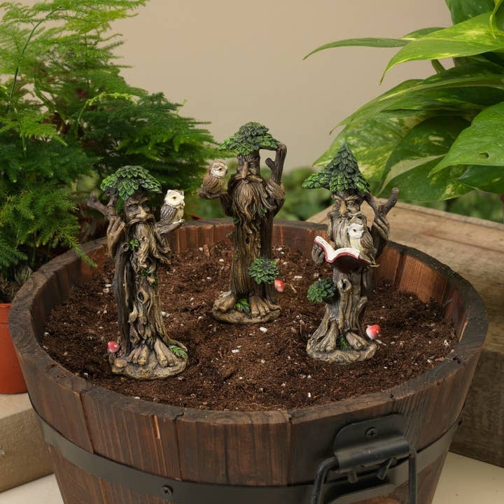 Fairy Garden 4" Tree Wood Spirits, Tree Ents with Owls, Set of 3 Resin Figures