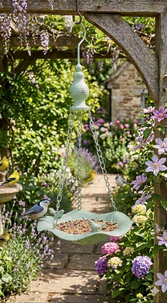 Cottage Garden Hanging Bird Bath Feeder Metal Leaf & Songbird Verdigris Finish