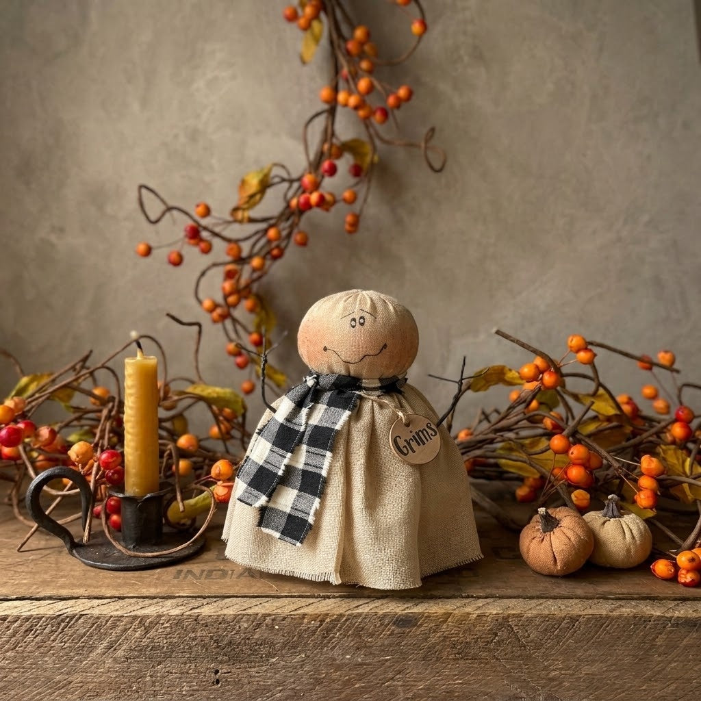 Halloween Primitive "Grims" the Baby Ghost 5.5" Prim Fabric Shelf Sitter