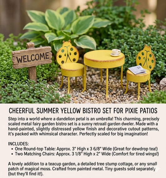 Whimsical Fairy Garden Miniature Yellow Ladybug Metal Chairs and Table Set