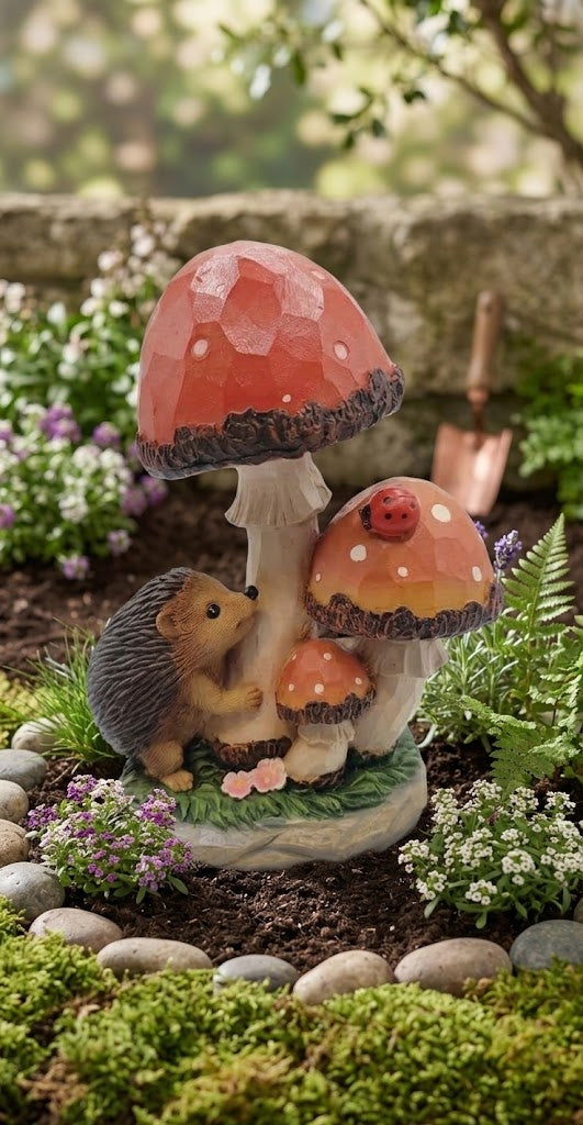 Cute Solar LED Hedgehog, Ladybug & Mushrooms Garden Statue, Animal Yard Decor