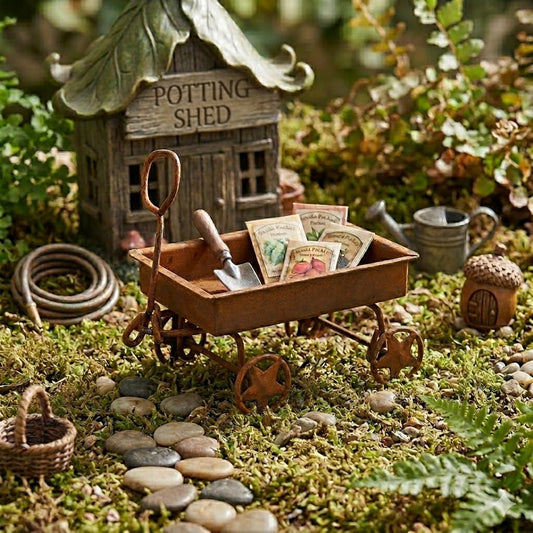 Miniature Rusted Metal Primitive Wagon with Star Wheels Fairy Garden Mini Decor