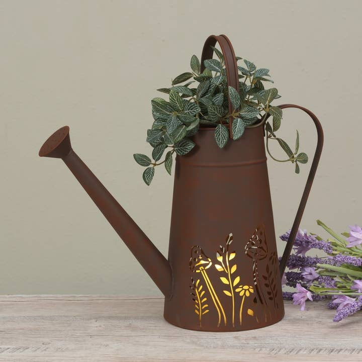 Large Metal Brown Mushroom and Floral Cut Out Botanical 10" Watering Can Planter